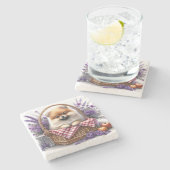 ポメラニア犬子犬の水の色ワイルドフラワーピクニック ストーンコースター (横)