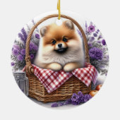 ポメラニア犬子犬の水の色ワイルドフラワーピクニック セラミックオーナメント (裏面)