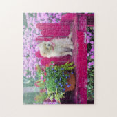 ポメラニア犬子犬オンコテージガーデンベンチ ジグソーパズル (縦)