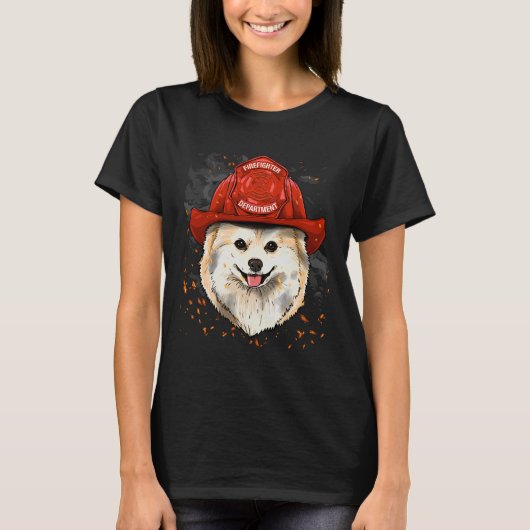 ポメラニア犬消防士ポメラニア犬ドッグ恋人 Tシャツ (正面)
