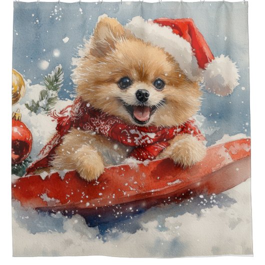 ポメラニア犬犬のソリで雪のクリスマス シャワーカーテン (正面)