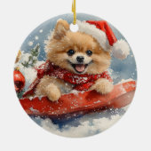 ポメラニア犬犬のソリで雪のクリスマス セラミックオーナメント (裏面)