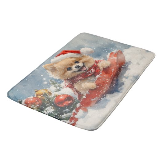 ポメラニア犬犬のソリで雪のクリスマス バスマット (アングル)