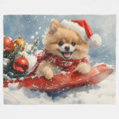 ポメラニア犬犬のソリで雪のクリスマス フリースブランケット (正面(横))
