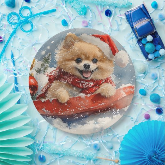 ポメラニア犬犬のソリで雪のクリスマス ペーパープレート (パーティー)