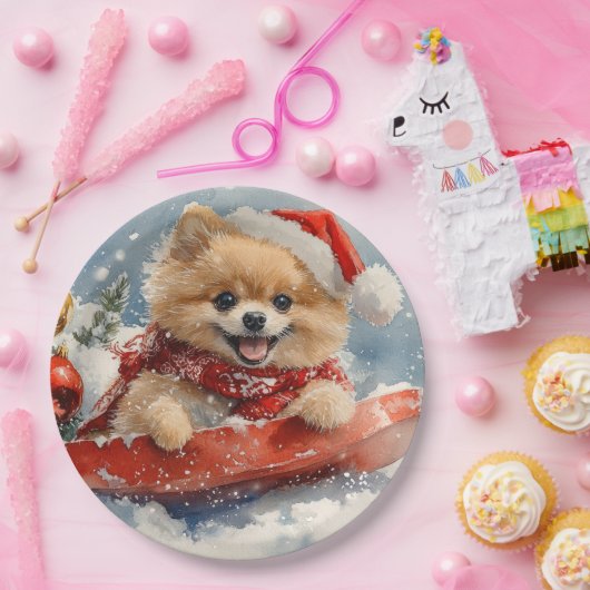 ポメラニア犬犬のソリで雪のクリスマス ペーパープレート (パーティー)