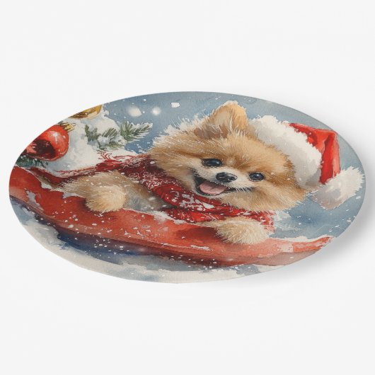 ポメラニア犬犬のソリで雪のクリスマス ペーパープレート (アングル)
