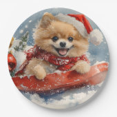 ポメラニア犬犬のソリで雪のクリスマス ペーパープレート (正面)