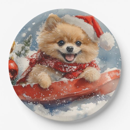 ポメラニア犬犬のソリで雪のクリスマス ペーパープレート (正面)