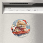 ポメラニア犬犬のソリで雪のクリスマス マグネット (インサイチュ (食洗機))