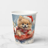 ポメラニア犬犬のソリで雪のクリスマス 紙コップ (裏面)