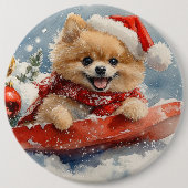 ポメラニア犬犬のソリで雪のクリスマス 缶バッジ (正面)