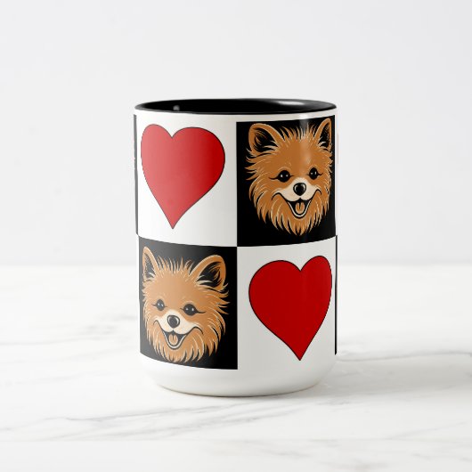 ポメラニア犬犬の恋人かわいい子犬のパタ市松模様にーン ツートーンマグカップ (中央)