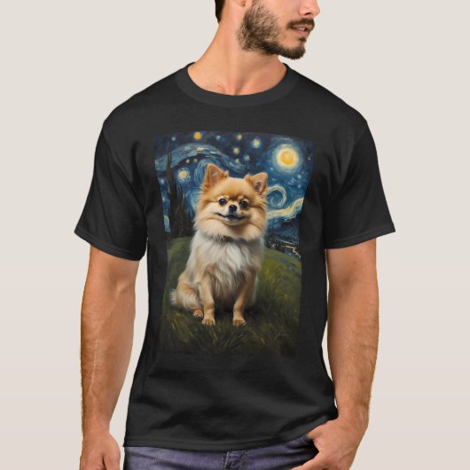 ポメラニア犬犬の星空の夜、エドバード・ムンク Tシャツ (正面)