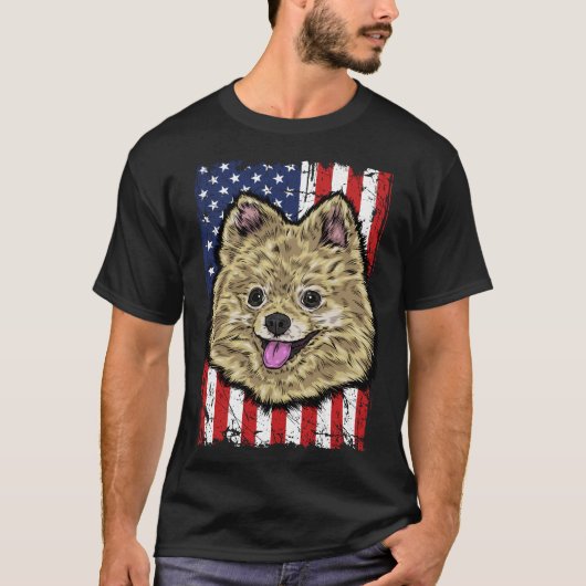 ポメラニア犬米国国旗 Tシャツ (正面)