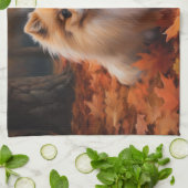 ポメラニア犬紅葉秋インスパイア キッチンタオル (折り畳み)