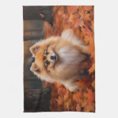 ポメラニア犬紅葉秋インスパイア キッチンタオル (縦)