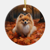 ポメラニア犬紅葉秋インスパイア セラミックオーナメント (正面)