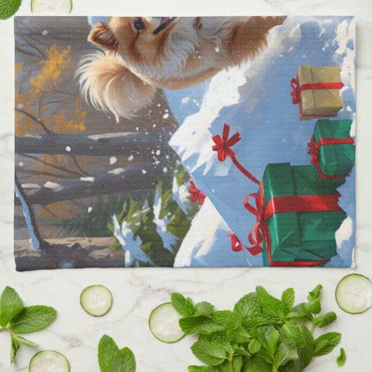 ポメラニア犬走のクリスマス帽子と雪の中 キッチンタオル (折り畳み)