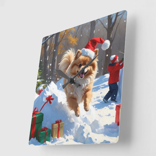 ポメラニア犬走のクリスマス帽子と雪の中 スクエア壁時計 (傾斜)