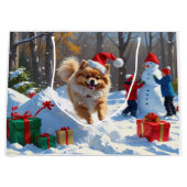 ポメラニア犬走のクリスマス帽子と雪の中 ラージペーパーバッグ (正面)