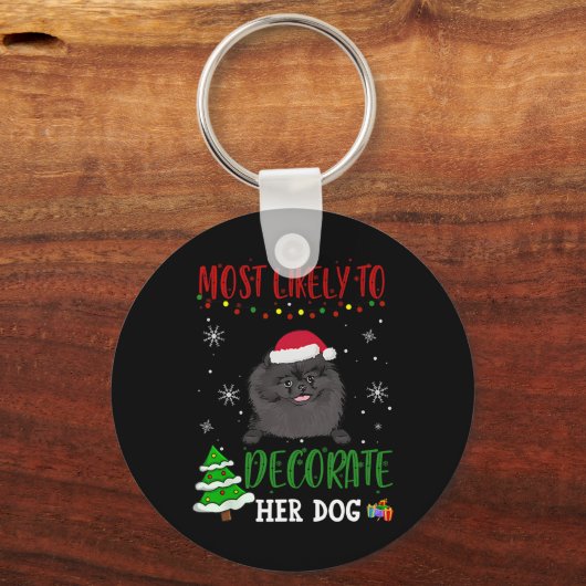 ポメラニア犬黒犬のクリスマス最もデコになりそうな キーホルダー (正面)