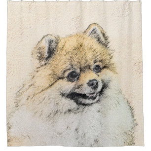 ポメラニア犬(オレンジ絵画色) - Dog Artオリジナル シャワーカーテン