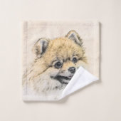 ポメラニア犬(オレンジ絵画色) - Dog Artオリジナル バスタオルセット (ウォッシュタオル)