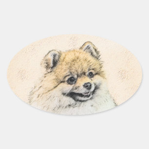ポメラニア犬(オレンジ絵画色) - Dog Artオリジナル 楕円形シール
