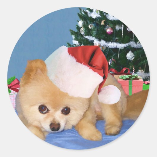 ポメラニア犬in Santa Hat Sticker ラウンドシール (正面)