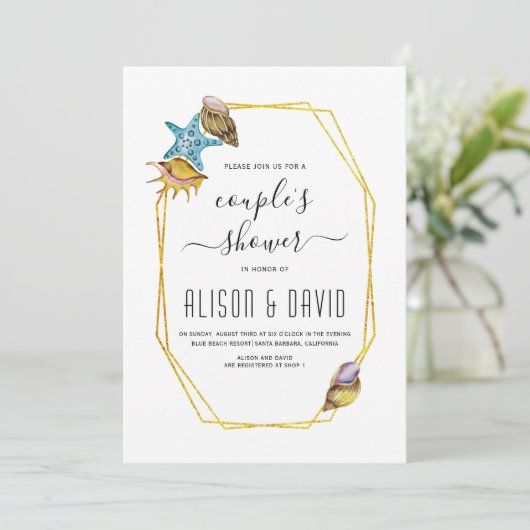 ポリゴンと季節性ビーチ結婚式カップルのシャワー 招待状 (スタンド正面)