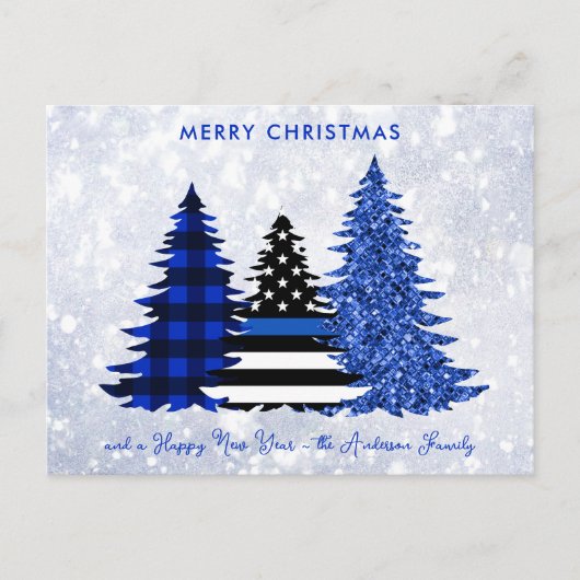 ポリスクリスマスブループレイドグリッターツリーフェスティバル シーズンポストカード (正面)