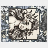 ポリネシアプリンセスブルーフローラトライバル フリースブランケット (正面(横))