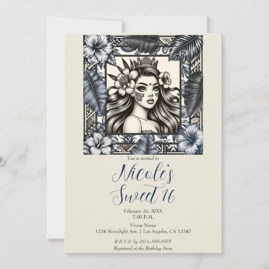 ポリネシアンプリンセス ブルー フラワートライバル スウィート16 招待状 (正面)