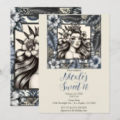 ポリネシアンプリンセス ブルー フラワートライバル スウィート16 招待状 (正面/裏面)