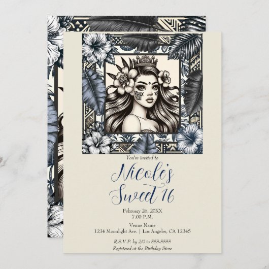 ポリネシアンプリンセス ブルー フローラル トライバル スイート16 招待状 (正面/裏面)