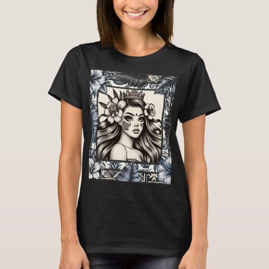 ポリネシアンプリンセス 青い花の部族風デザイン Tシャツ (正面)