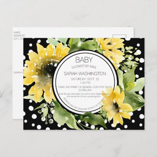 ポルカひまわり点々のある赤ちゃんシャワー郵便 インビテーションポストカード (正面/裏面)