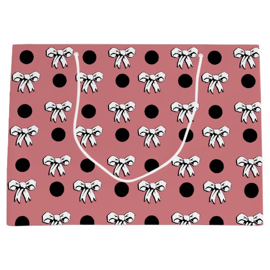 ポルカドットとリボン ピンク 白 黒 レトロスタイル ラージペーパーバッグ (正面)