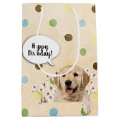 ポルカドットのデイジーに囲まれたゴールデンレトリバー ミディアムペーパーバッグ (正面)