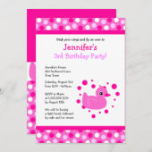 ポルカドットのピンクの可愛いダッキー誕生日招待状 招待状 (正面/裏面)