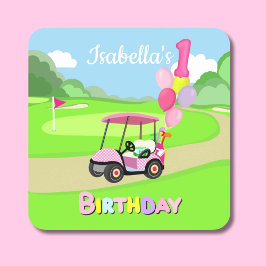 ポルカドット ピンク ガーリーゴルフの1歳の誕生日おめでとう スクエアシール