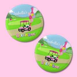 ポルカドット ピンク ガーリーゴルフの1歳の誕生日おめでとう 缶バッジ