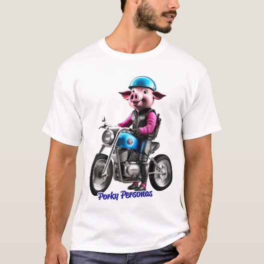 ポルキーペルソナおもしろいス豚キャラクター。バイクもしくは自転車に乗る人 Tシャツ (正面)