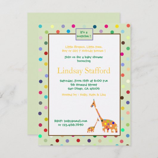 ポルクスのドットgiraffes – 赤ちゃんシャワー招待状(緑) インビテーションポストカード (正面/裏面)