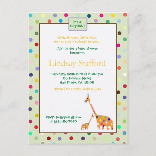 ポルクスのドットgiraffes – 赤ちゃんシャワー招待状(緑) インビテーションポストカード (正面)