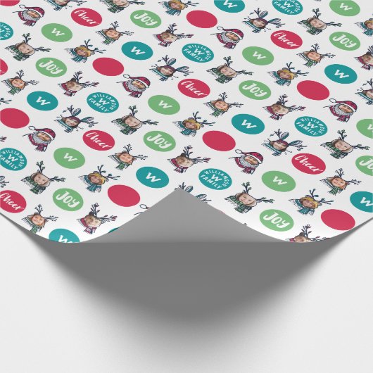 ポルクドット動物家族モノグラムクリスマスフォト ラッピングペーパー (角)