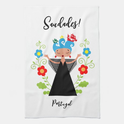 ポルトガルのキャラベル船とファドの女性シンガー キッチンタオル (縦)