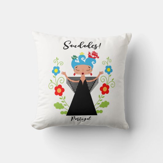 ポルトガルのキャラベル船とファドの女性シンガー クッション (正面)