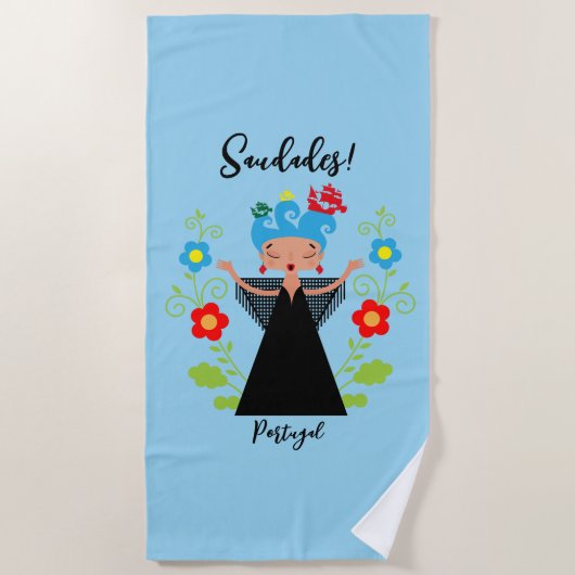 ポルトガルのキャラベル船とファドの女性シンガー ビーチタオル (正面)